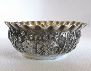 Rare 19th Century Anglo Indian Embossed Village Small Silver Bowl (marked) 3