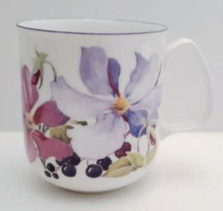Rose Of England Bone China Tea Cup W Purple Flowers And Berries 3.  5 " Tall
