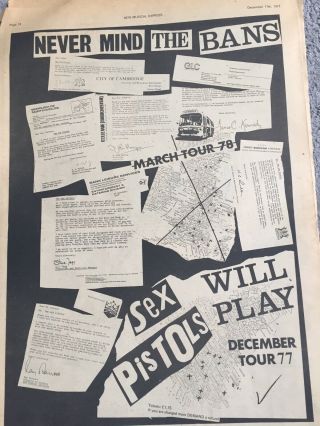 Sex Pistols Never Mind The Bans Rare 1977 Uk Tour Full Page Nme Promo Advert