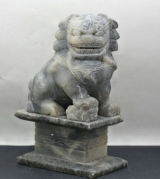 Fantastic Vintage Chinese Hand Carved Fu Dog Lion Marble Sculpture On Plinth