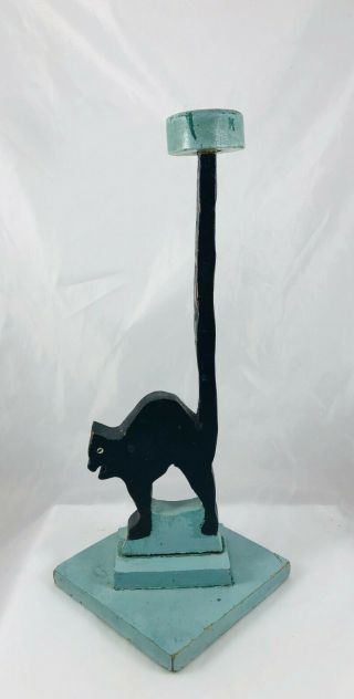 Vintage Folk Art Primitive Wood Painted Black Cat On Base Hat Display Holder