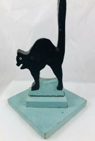 Vintage Folk Art Primitive Wood Painted Black Cat on Base Hat Display Holder 2