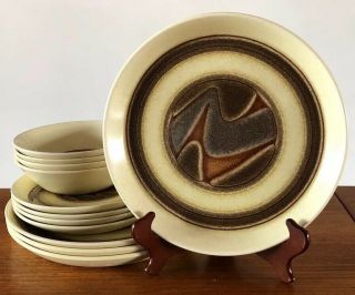 Vintage Rare Crown Lynn Earthstone Landscape Nz Dinner Salad Plates Bowls,  12 Pc