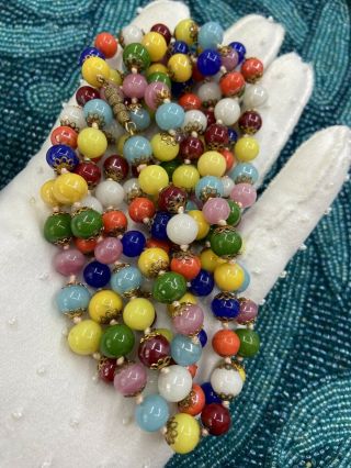 Vtg 1940s Czech Bohemian Rare Colorful Glass Round Bead Necklace Long 57”