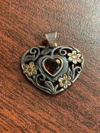 Rare Retired James Avery Sterling Silver Heart Pendant 14k Gold Flowers Garnet