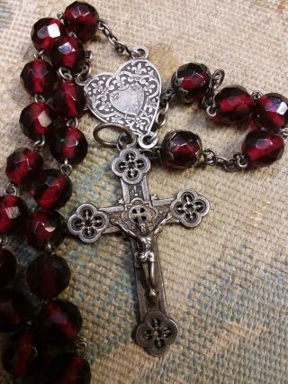 Rare Sacred Heart Fleur De Lys Medal Antique Red Bead Sterling 800 Silver Rosary