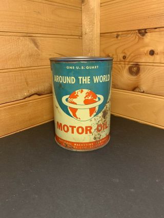 Vintage Around The World Motor Oil Can Quart Advertising Gas Oil Extremely Rare