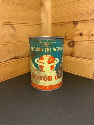 Vintage Around The World Motor Oil Can Quart Advertising Gas Oil EXTREMELY RARE 2