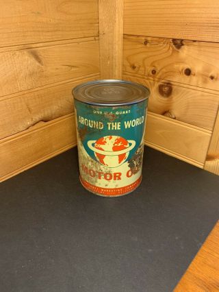 Vintage Around The World Motor Oil Can Quart Advertising Gas Oil EXTREMELY RARE 3