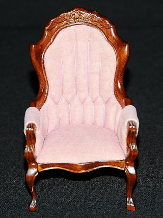 Vtg Miniature Dollhouse Pink Velvet Cabriolet Legs Wing Back Chair Wood Carved