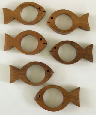 Vintage Mid Century Modern Wooden Fish Napkin Ring Holder Set Of 6 Teak? Walnut?