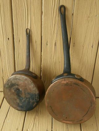2 Heavy Antique Copper Skillet Pan With Tinned Interior & Wrought Iron Handle