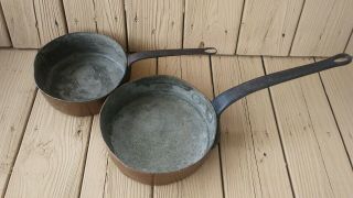 2 Heavy Antique Copper Skillet Pan With Tinned Interior & Wrought Iron Handle 2