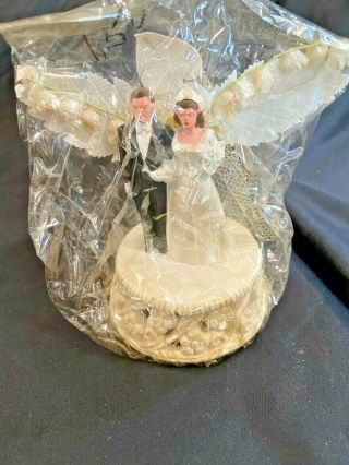 Vintage 1940 ' s Chalkware / Plaster Wedding Cake Topper Bride and Groom 2