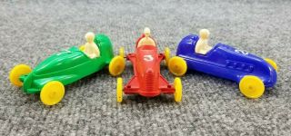 Vintage 1950s Hard Plastic Race Cars Pyro Set Of 3 Red,  Blue,  & Green Rare