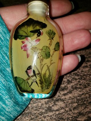 Vintage Chinese Flower Bird Hand Painted Glass Snuff Bottle Signed Phyllis 2