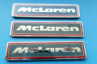 " Mclaren " 3 Badges.  Very Rare.  Size 60x14mm.  Laminated Metal Badge.