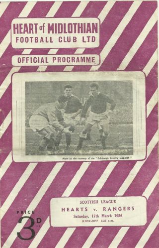 Rare Football Programme Heart Of Midlothian Hearts V Glasgow Rangers 1956