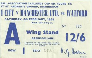 Rare Football Ticket Birmingham City V Manchester United Or Watford Fa Cup 1969