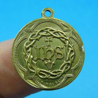Awesome Ihs Jesus & Sacred Heart Of Jesus Bronze Antique Medal Religious Charm