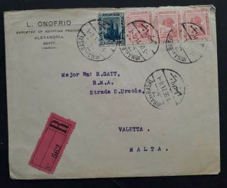 Rare 1921 Egypt Registd Cover Ties 4 Stamps Cancelled Mina El Basal