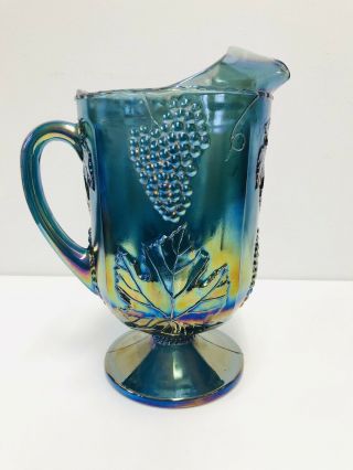 Vtg Peacock Blue Carnival Indiana Glass Pitcher Iridescent Grapes Antique Retro