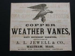 Orig Rare 1865 Antique Ad - Jewell & Co Copper Weather Vane Waltham Ma Civil War