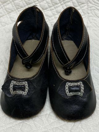 Large Antique Black Leather Shoes For German Or French Bisque Doll