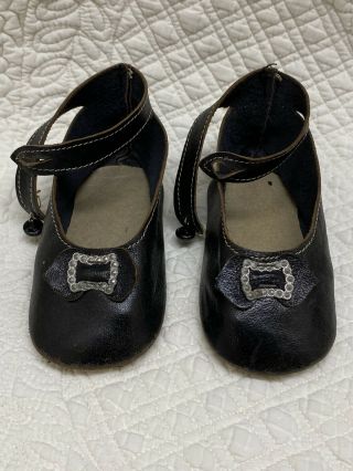 LARGE ANTIQUE BLACK LEATHER SHOES FOR GERMAN OR FRENCH BISQUE DOLL 2