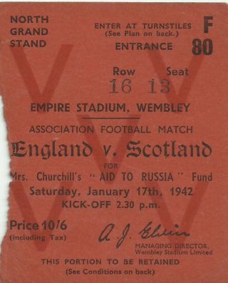 Rare Ww2 War - Time " Aid To Russia " Football Ticket England V Scotland 1942