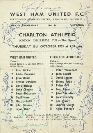 Rare Multi - Signed Football Programme West Ham Charlton Athletic London Cup 1963
