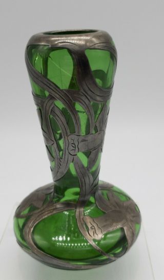 Antique Art Nouveau Alvin Sterling Silver Overlay Green Glass Vase