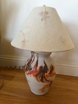 Rare Vintage Nemadji Pottery Table Lamp Orange Brown Swirl With Shade And Finial