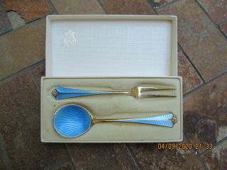 Vintage Danish Enamaled Sterling Silver Serving Spoon & Fork Set; 36 Gtw