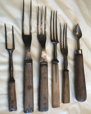 Vintage Set Of 6 Antique Wood Handle 5 Tine Forks And Seeder Pre Civil War