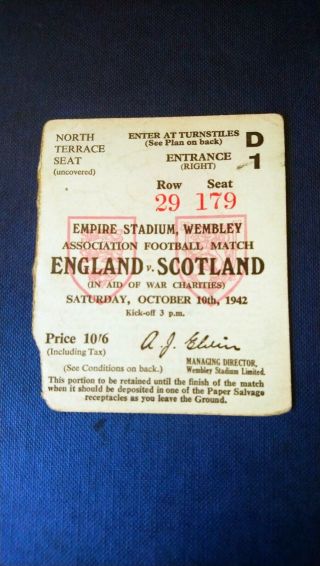 Rare Ww2 War - Time Charities Football Ticket England V Scotland Wembley 1942