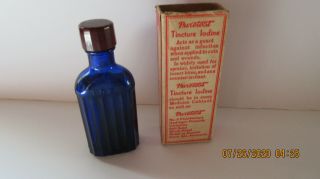 Antique Blue Glass Medicine Bottle Puretest United Drug Tincture Of Iodine W/box