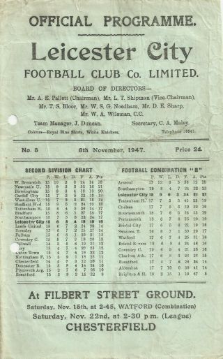 Rare Football Programme Leicester City V Tottenham Hotspur Division 2 Two 1947