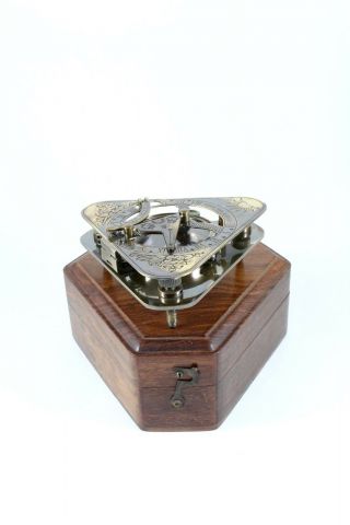 Calyron Brass Triangular 3 Inch Sundial Antique Nautical Compass In Wooden Case
