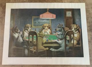 Vtg 12 " X16 " Color Lithograph A Friend In Need Dogs Playing Poker Cm Coolidge