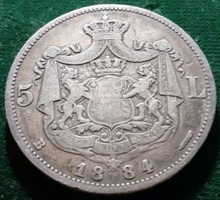 Very Rare Romania Kingdom 1884 King Carol I 5 Lei Silver Coin