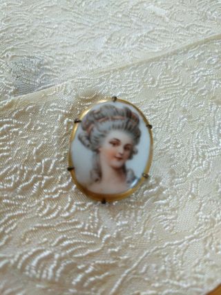 Victorian Porcelain Hand Painted Miniature Lady Portrait Pin Brooch Antique Doll
