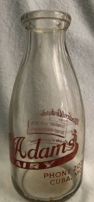 Rare Only One Known C.  Adams Dairy 1 Qt Milk Bottle Cuba Mo