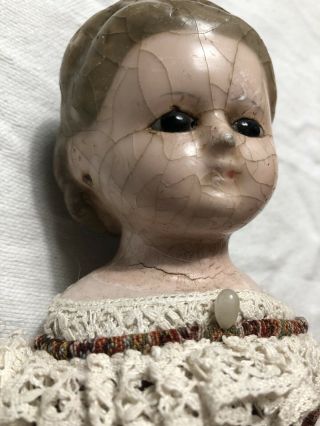 Antique Wax Doll With Pierced Ears Paisly Dress Glass Eyes 11 Inches