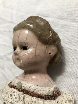 Antique Wax Doll With Pierced Ears Paisly Dress Glass Eyes 11 Inches 2