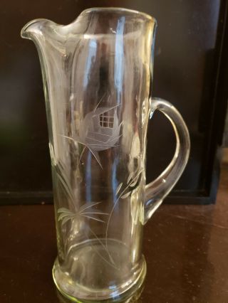 Vintage Etched Crystal Water Pitcher With Floral Pattern And Applied Handle