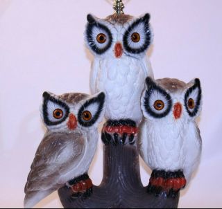 Rare VTG Owls Trio 60 ' s MCM Table Lamp Chalkware Glowing Eyes Birds Snow Rare 2
