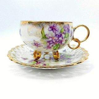 Vintage Royal Sealy China 3 Footed Tea Cup Reticulated Saucer Gilt Flower Japan
