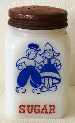 Antique Blue Dutch Girl & Boy White Milk Glass Sugar Shaker Red Painted Top