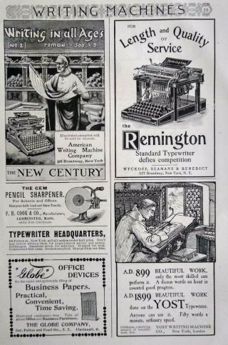 1899 Antique Typewriter Art Remington Standard Yost Century Vintage Print Ad